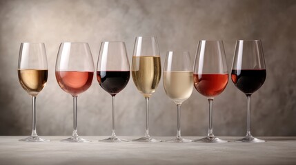 An array of wine glasses in different shapes and colors showcases a spectrum of wines, highlighting the beauty and variety of fine beverages in an artistic setting.