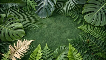 Lush green tropical leaves frame on dark green background
