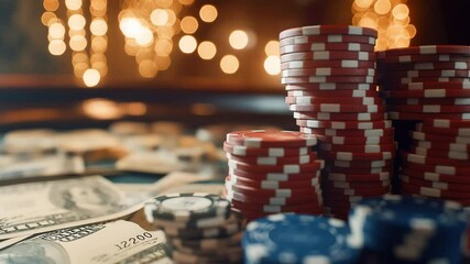 Stacks of poker chips with stack of dollars. Casino games, Wealth, Risk and the thrill of betting in a luxurious gambling environment
- Powered by Adobe