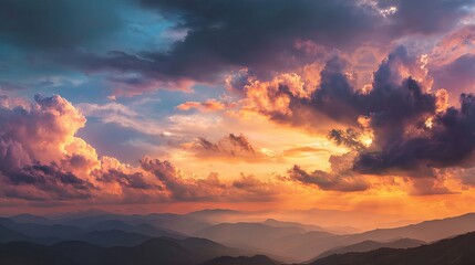 Obraz premium Dramatic panoramic sky with colorful clouds at sunrise and sunset