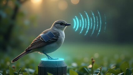 A small bird with a solar panel on its back sits on a post emitting a digital signal