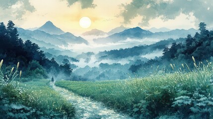 Golden sunrise over endless rice terraces, natural landscape