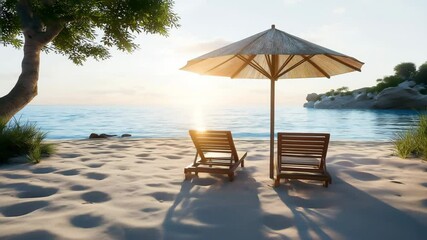 Wooden sun loungers under an umbrella on the beach with blue water and beautiful sky. Summer vacation concept	 - Powered by Adobe