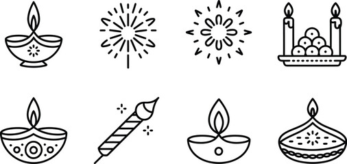 Line art illustration of diwali elements including diyas and fireworks designs
