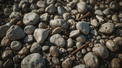 Pile of stones and rusty bolts
