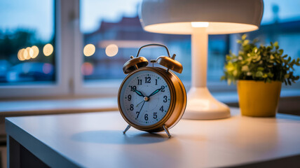 Vintage Wooden Alarm Clock with Blue Hands on White Surface, Warm Lamp Glow, Potted Plant, and Blurred Bokeh Lights in Cool Evening Light