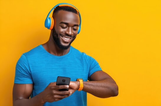 A man in sportswear, with a smartwatch and smartphone, stands against a yellow background - Powered by Adobe