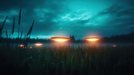 Obraz premium Mysterious flying saucers hover above a foggy field under a night sky, creating a surreal and captivating scene that invokes wonder about extraterrestrial life and the unknown.