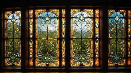 A beautiful stained glass window in a room with intricate designs and colors - Powered by Adobe