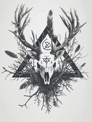 Obraz premium Horror illustration depicting a skull with horns and symbols.