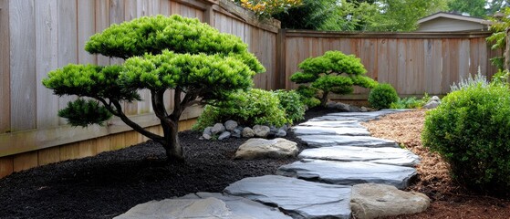 relaxing backyard garden concept. Serene garden path with bonsai trees and stone walkway surrounded by wooden fence.