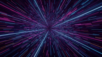 Hyperjump background with glowing stars, high-speed with warp engine, flying through stars and space