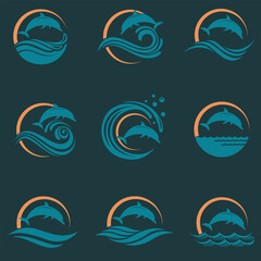 collection with emblem of dolphin and sea wave isolated on dark background