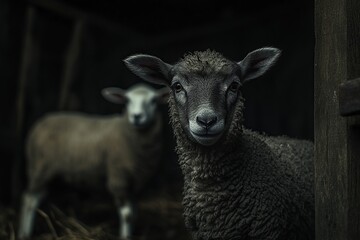 Close-up of a lamb standing in a dark barn, with its head tilted to the side, looking at the camera