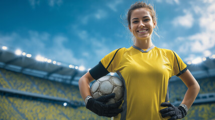 Female Soccer Player Holding Ball with Digital Data Overlay

