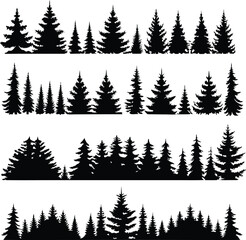 Silhouette of Pine Trees and Forest,black silhouette forest trees,evergreen pine trees,tall fir trees,detailed forest tree line,wilderness landscape,Vector Silhouette of Pine Trees and Nature,Ai