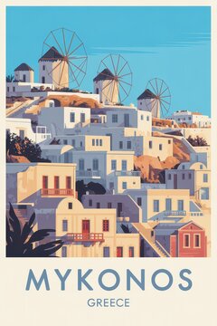Mykonos Greece Vintage Travel Poster with Whitewashed Houses and Windmills