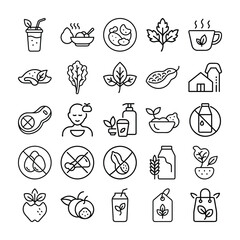 Collection of Line Art Icons Representing Healthy Eating and Sustainable Living