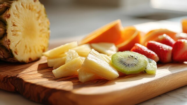 Fresh Fruit Platter Pineapple Kiwi Orange Watermelon Slices on Wooden Board