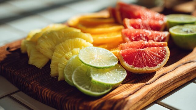 Vibrant Citrus Fruit Platter Pineapple Grapefruit Orange Lime Kiwi Slices on Wooden Board
