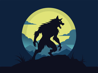 A dramatic silhouette of a werewolf stands on a rocky hilltop under a bright yellow full moon.