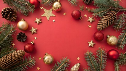 Festive christmas flatlay with red and gold ornaments pine branches and stars