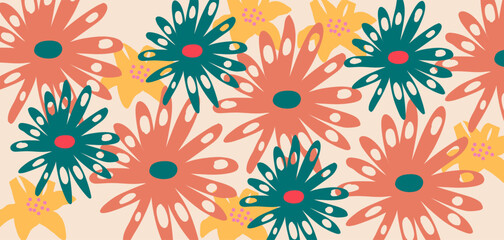 Hand drawn flowers, seamless patterns with floral for fabric, textiles, clothing, wrapping paper, cover, banner, interior decor, abstract backgrounds