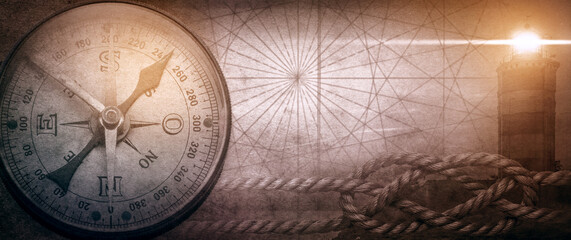 Compass, lighthouse and rope with a nautical knot. The background is on the theme of sea travel, pirates, navigation, etc.