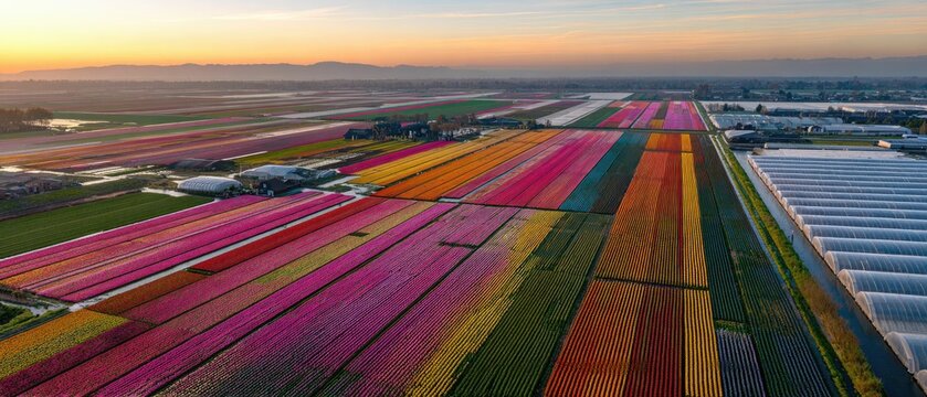 Aerial View of Vibrant Rainbow Flower Field