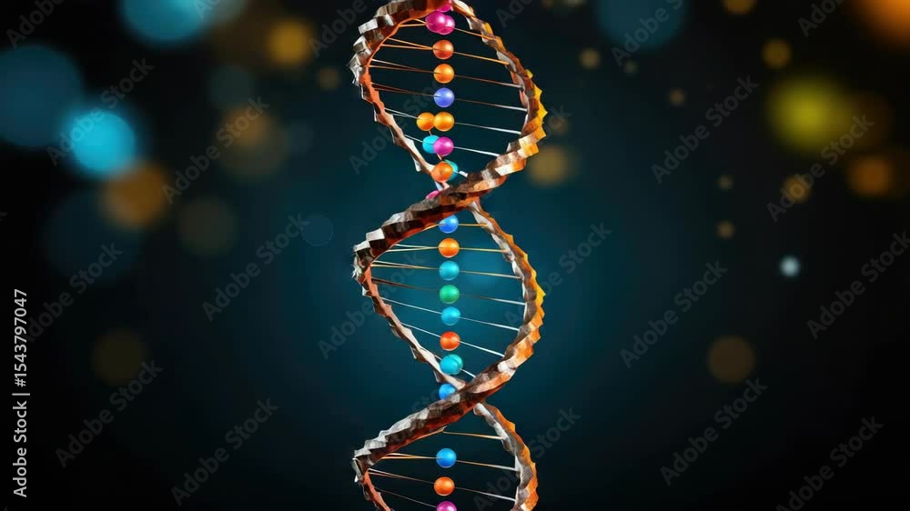 Poster molecular helix spins in darkness. bright dots shine behind structure. colored spheres connect to fo