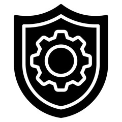 Secure System - Glyph Black Fill Silhouette Icon - Shield with embedded gear, symbolizing a safe and secure system infrastructure