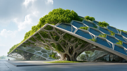 Futuristic data center designed as a giant bio-tree with solar panel leaves and vertical gardens, combining advanced technology with sustainable, nature-inspired architecture.