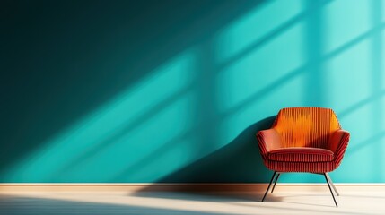A chic red armchair resting against a teal wall, bathed in natural light, perfectly exemplifying modern interior design and creating a cozy living space atmosphere.