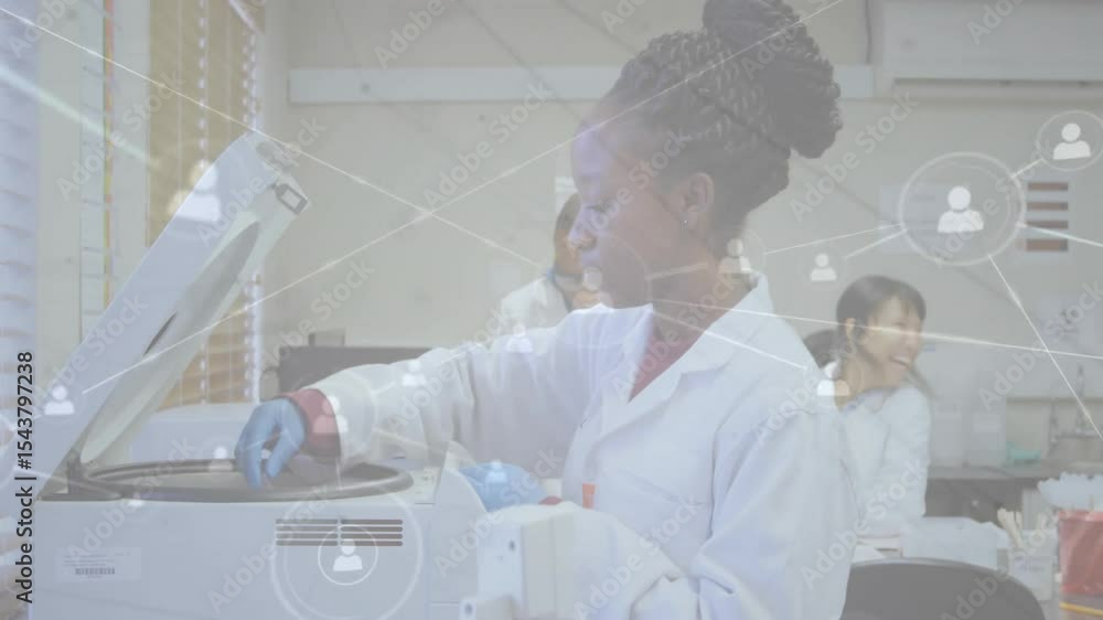 Poster lab scientist lifting centrifuge lid as colleague pipetting, network icons fading for data exchange