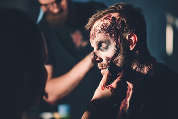 Makeup artist applying special effects makeup on a film set. Generative AI