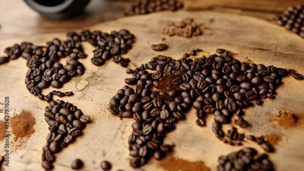 Poster a unique and colorful map of the world created using coffee beans as a creative medium