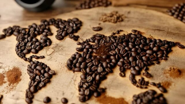 A unique and colorful map of the world created using coffee beans as a creative medium