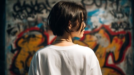 グラフィティアートと女性の後ろ姿