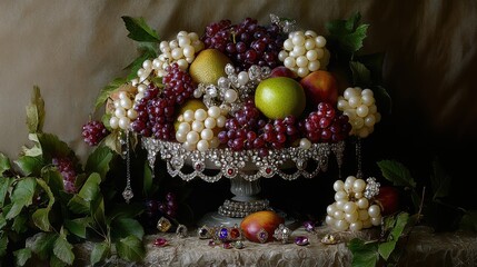 Ornamental fruit still life with jewels and pearls.