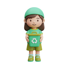3D girl holding green recycling bin
