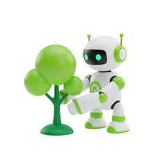 3D eco robot interacting with green tree