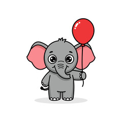 Cute baby elephant holding red balloon cartoon