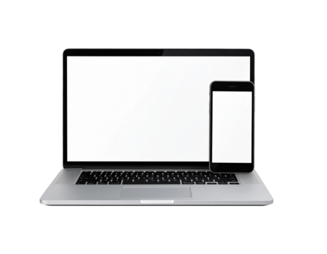 Silver laptop computer with blank screen and black smartphone mockup