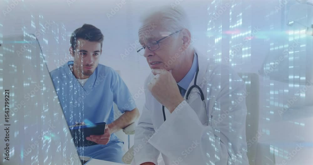 Poster senior doctor pointing at monitor explaining medical dataset while trainee asking and collaborating