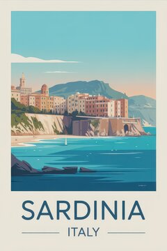 Sardinia Italy Retro Coastal Travel Poster with Cliffs and Seaside Architecture

