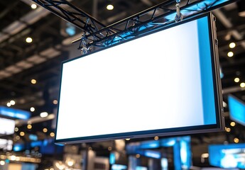 Close-up of a large, blank white TV screen hanging from a truss at an exhibition event, with blue