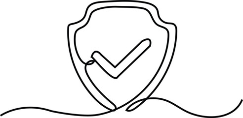 Shield with checkmark continuous line art drawing. Protect linear symbol Vector hand drawn illustration isolated on white. 