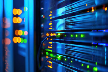 Close up view of server rack with illuminated lights, showcasing modern data center environment. vibrant blue and green lights