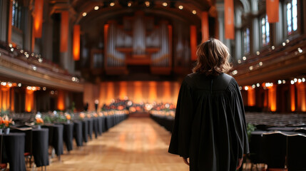 Fototapeta premium Student Walking Down Aisle at Ceremony from Rear Angle in Elegant Hall with Warm Lighting and Decorations