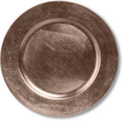 A simple metallic plate with a smooth surface, suitable for serving food or decorative purposes.